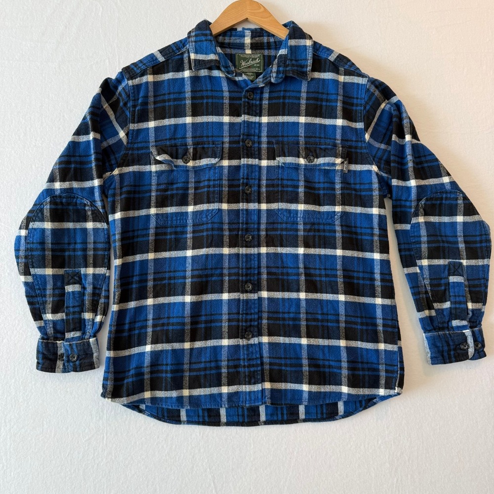 Woolrich Mens Blue Black Plaid 100% Cotton Flannel Shirt Reinforced Elbows L